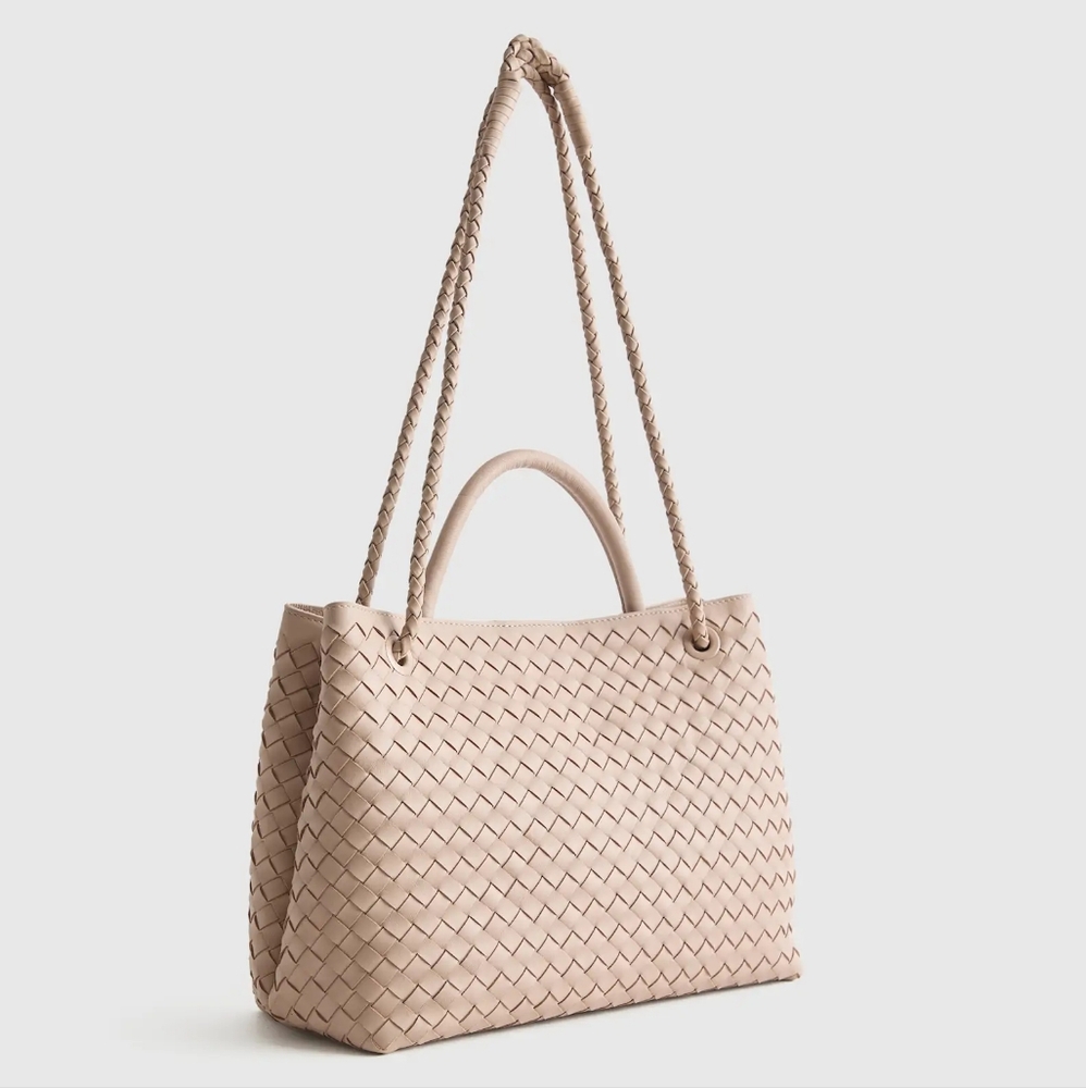 NWT QUINCE LARGE ITALIAN LEATHER HANDWOVEN SATCHEL TOTE BAG IN TAUPE - Picture 3 of 15